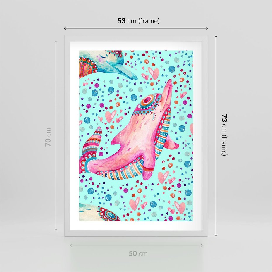 Plakat w ramie 50x70 - Lekkość W Ruchu - delfin, akwarela - rama biała
