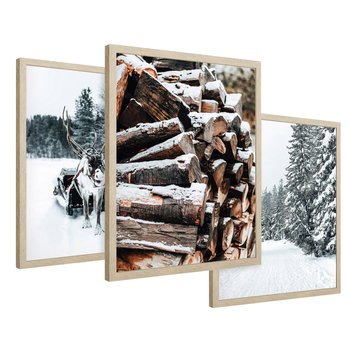 Zestaw obrazy w ramie 30x40 galeria - Zima, las, renifer, krajobraz - rama drewno