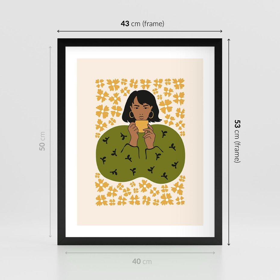 Plakat w ramie 40x50 - Wewnętrzne Fale - nowoczesny plakat, kobieta otoczona liśćmi - rama czarna