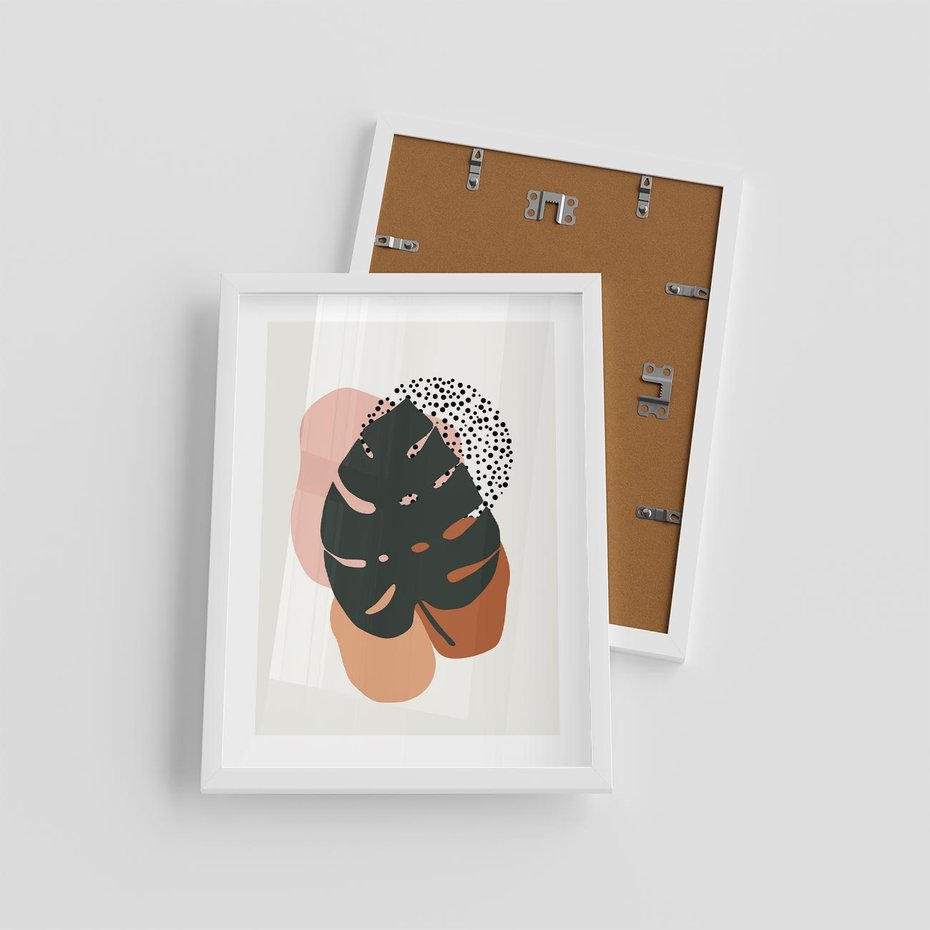 Plakat w ramie 30x40 - Minimalizm w Liściach Monstery: Plamy i Kropki - minimalizm, monstera plamy - rama biała