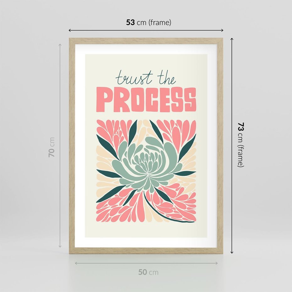 Plakat w ramie 50x70 - Rozbijające Barwy - abstrakcyjny pastelowy kwiat, wyrazista typografia - rama drewno