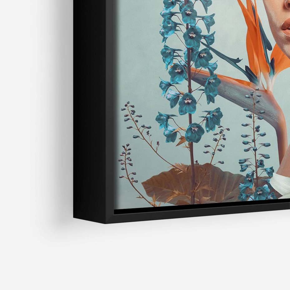 Obraz w ramie 100x70 - Kwiatowa Enklawa Uroku - kolaż, nierealna kompozycja - rama czarna