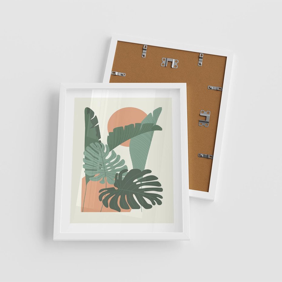 Plakat w ramie 40x50 - Abstrakcyjne Tropiki - liście, rośliny tropikalne w graficznym stylu - rama biała