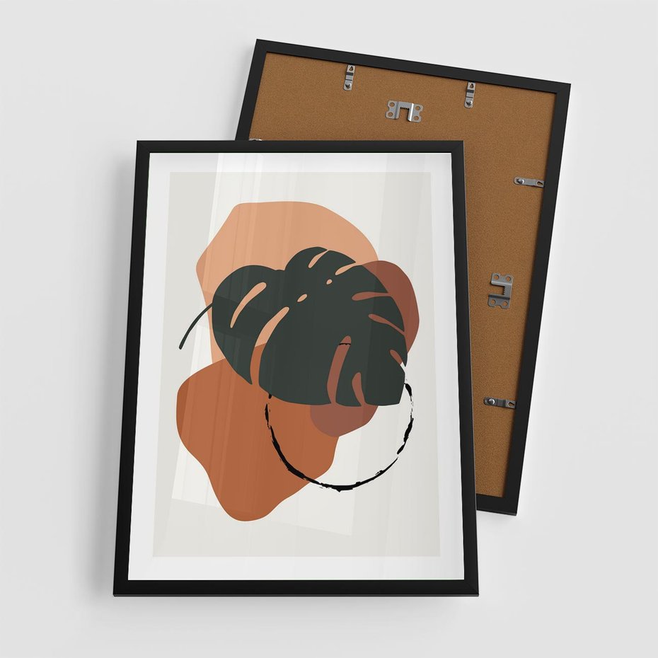 Plakat w ramie 50x70 - Brązowa Ekspresja - liść monstery, boho obraz - rama czarna