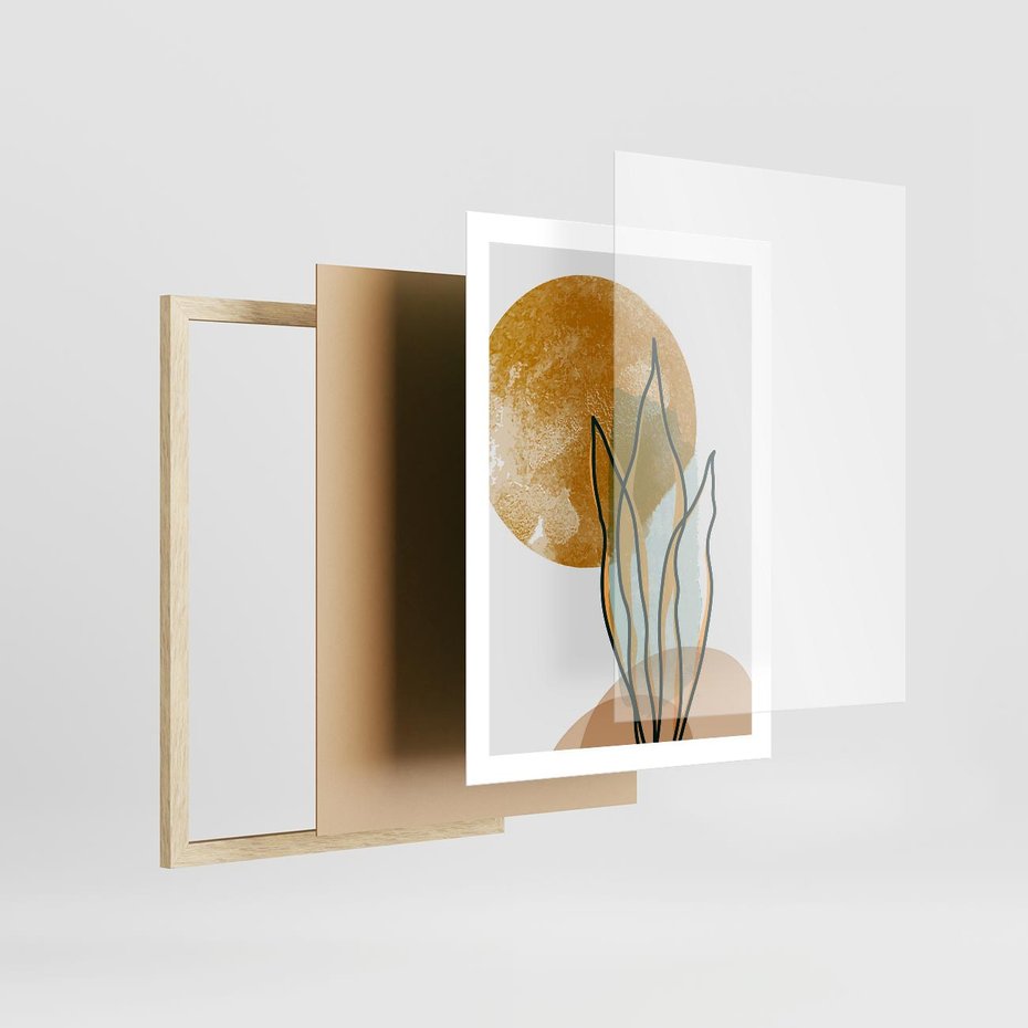 Plakat w ramie 50x70 - Światło Natury: Graficzne Liście i Złote Słońce - grafika, graficzne liście - rama drewno