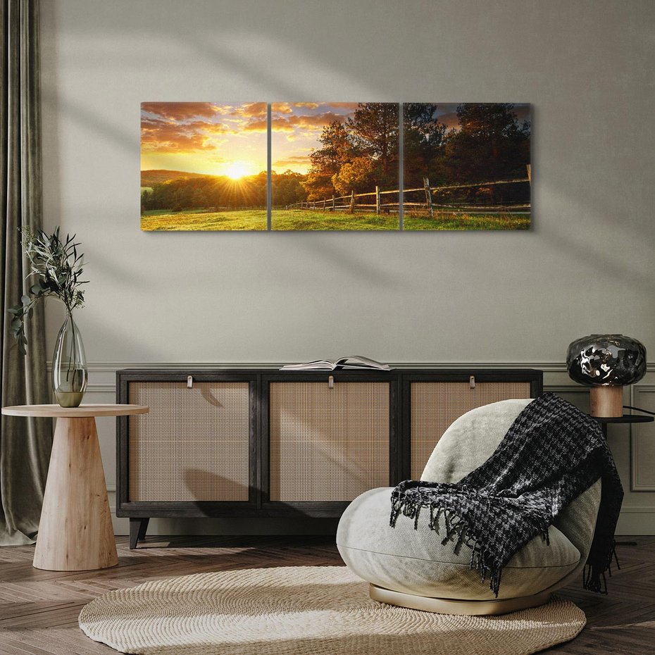 Obraz na płótnie 150x50 - Urok zachodu słońca na łące z drzewami - łąka, zachód