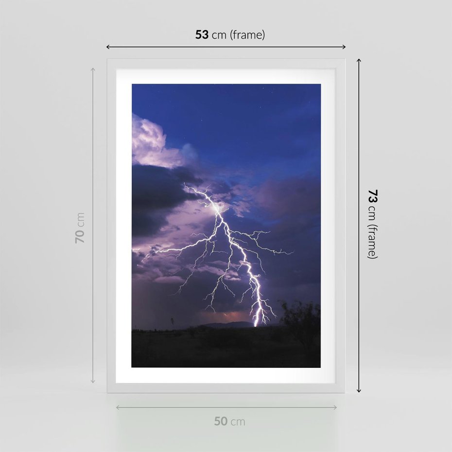 Plakat w ramie 50x70 - Burza z błyskawicami nad horyzontem - burza, błyskawica - rama biała