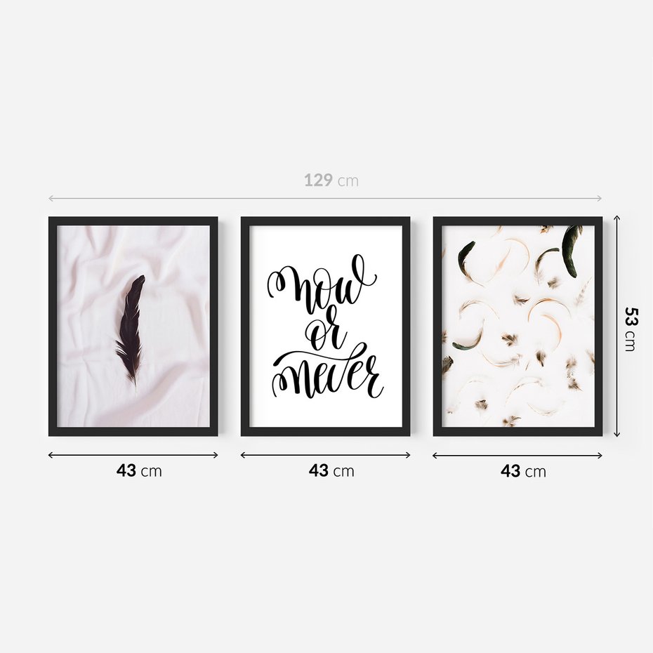 Zestaw obrazy w ramie 40x50 galeria - Cytat, motywacyjny, pióra, boho - rama czarna