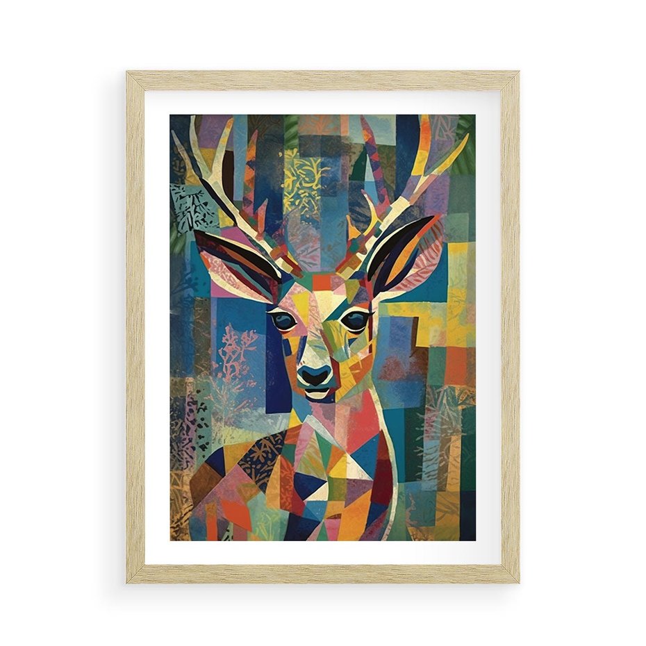 Plakat w ramie 50x70 - Bezgraniczne Kontury Zaskoczenia - abstrakcyjny obraz olejny, jeleń - rama drewno