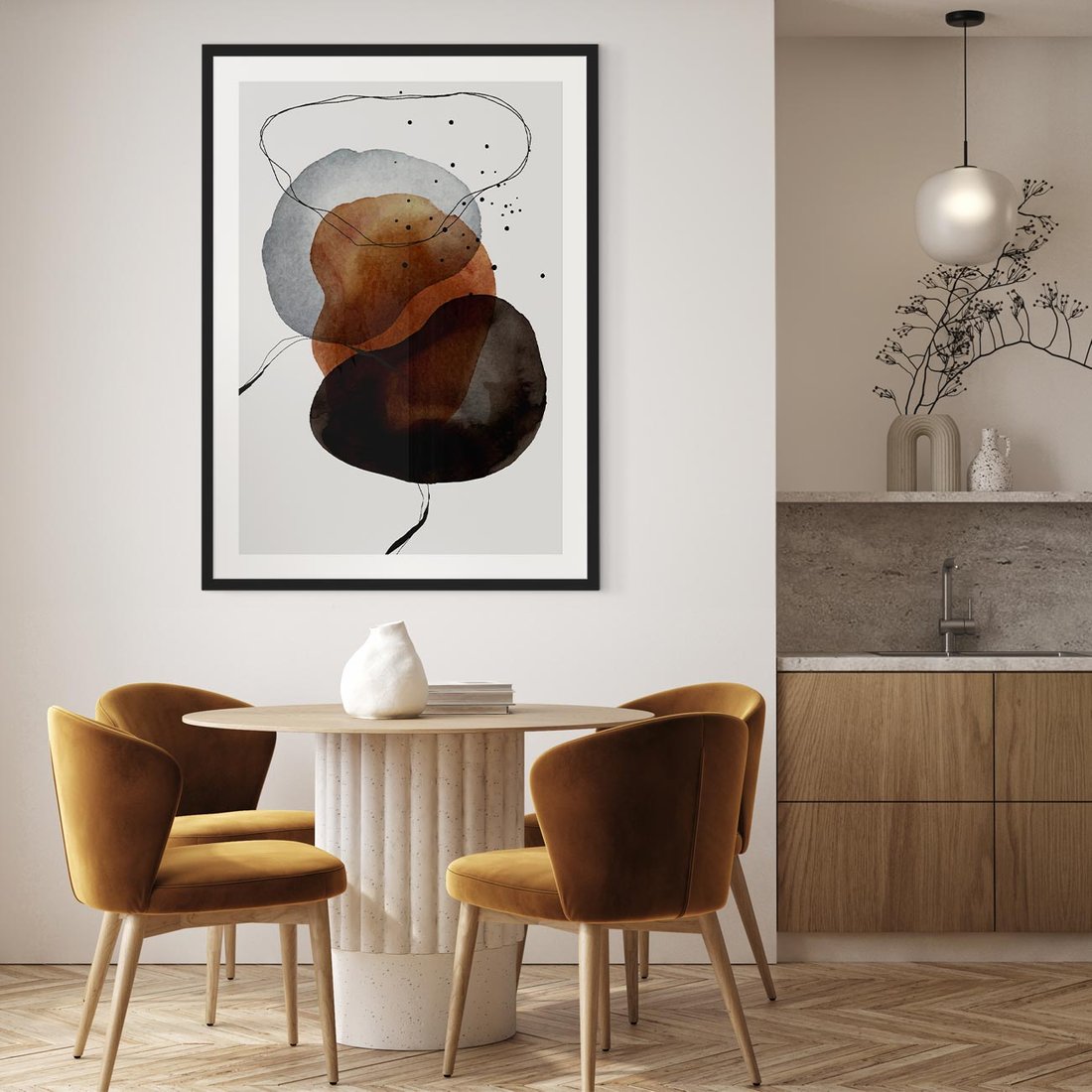 Plakat w ramie 40x50 - Kolorowe Wizje - abstrakcyjne plamy akwarelowe, czarny szkic - rama czarna