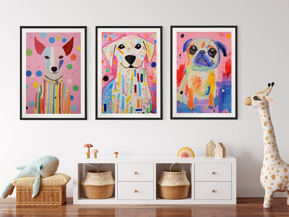 Zestaw obrazy w ramie 50x70 galeria - dla, dzieci, pieski, akwarela - rama czarna