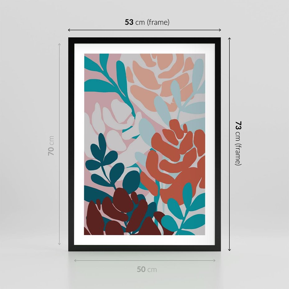 Plakat w ramie 50x70 - Impresje Kształtów - abstrakcyjna kompozycja kwiatowych form, kolor zgaszone - rama czarna