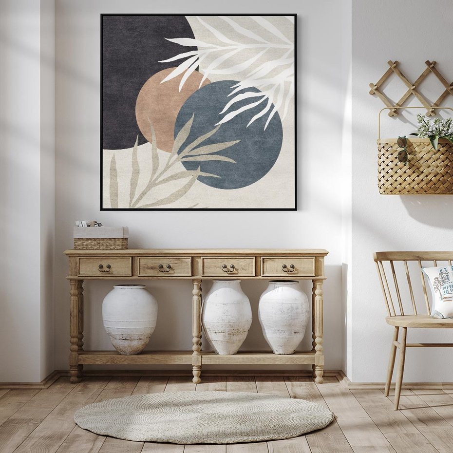 Obraz w ramie 50x50 - Symfonia skradzionych chwil - cienie liści palmy, beżowe tłó - rama czarna