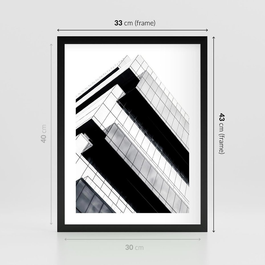 Plakat w ramie 30x40 - Nowoczesna Surowość: Wieżowiec na Czarno-Białej Grafice - architektura, wieżowiec - rama czarna