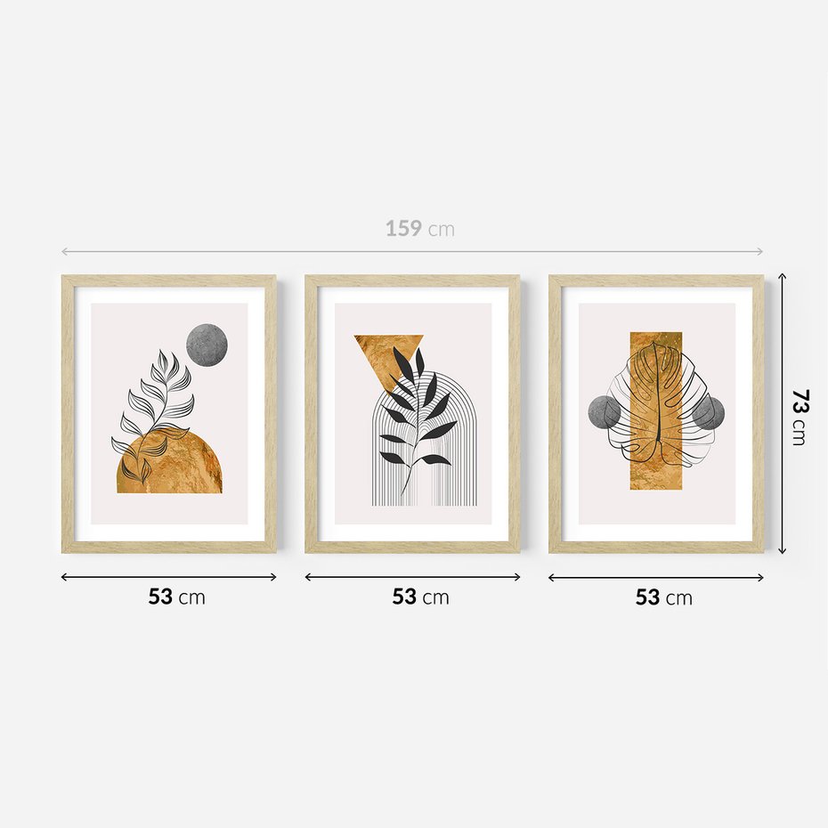Zestaw obrazy w ramie 50x70 galeria - Złoto, liście, geometria - rama drewno