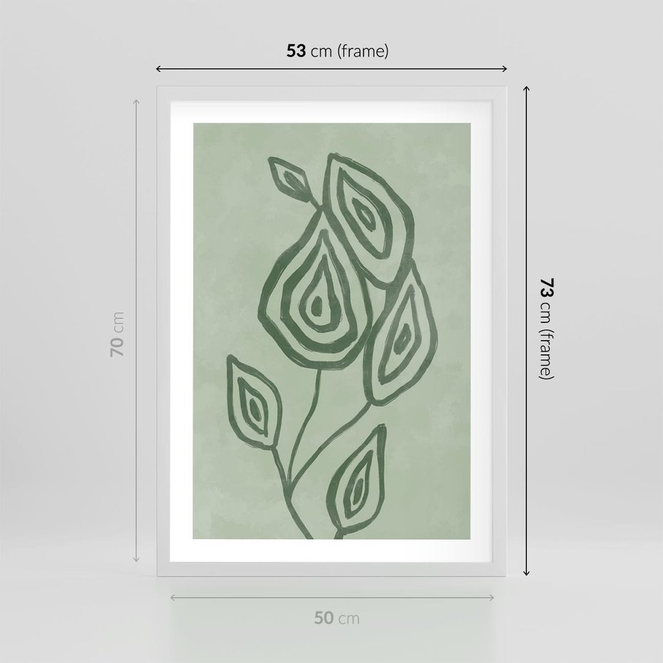 Plakat w ramie 50x70 - Szmaragdowy Oddech - abstrakcyjne delikatne zielone linie, podobne do gałęzi kwiatów - rama biała