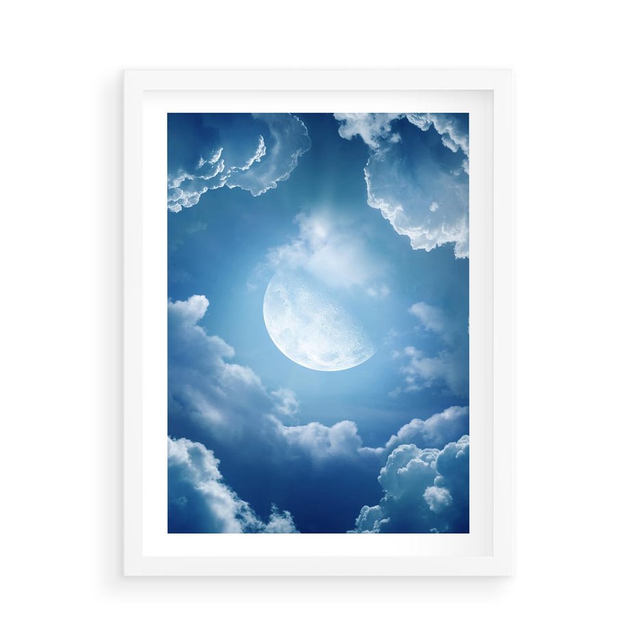 Plakat w ramie 50x70 - Księżycowe Chmury - księżyc, chmury - rama biała