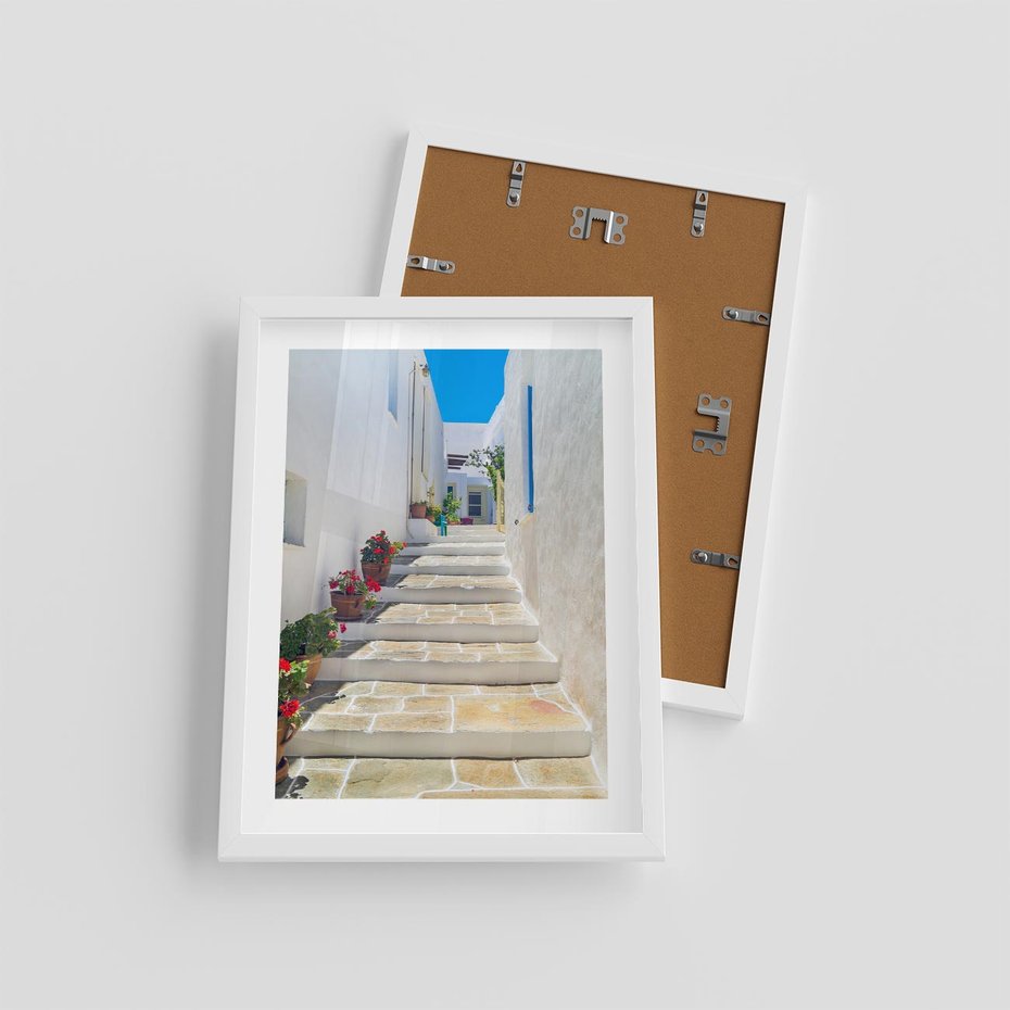 Plakat w ramie 30x40 - Urok Greckiej Uliczki - grecka, uliczka - rama biała