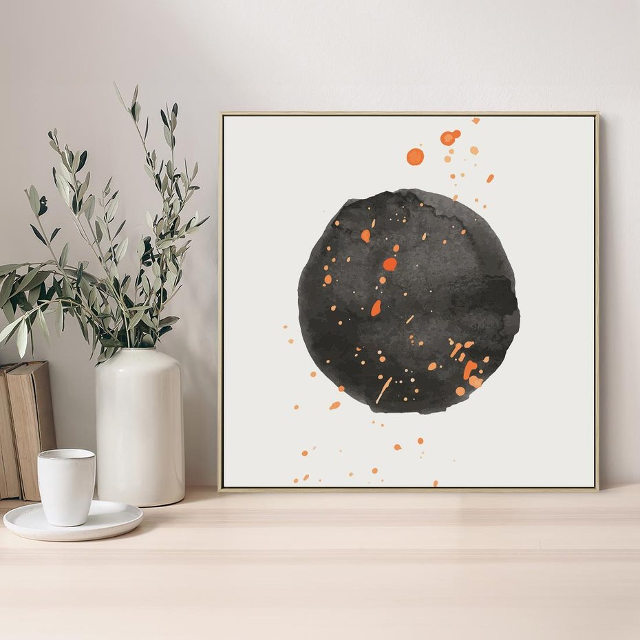 Obraz w ramie 50x50 - Wibracje Kolorów - abstrakcyjna czarna plama, rozsiane pomarańczowe kropki - rama drewno