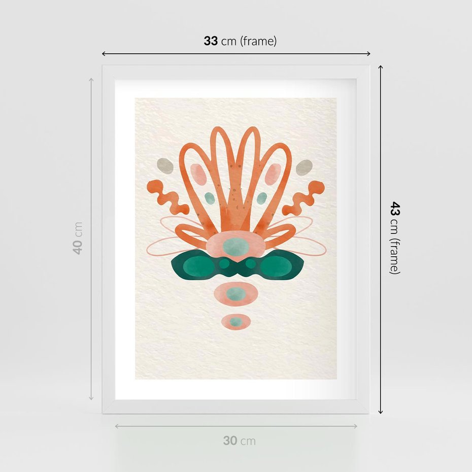 Plakat w ramie 30x40 - Harmonia Nienormalności - akwarelowe abstrakcyjne kształty, zieleń i pomarańcz - rama biała