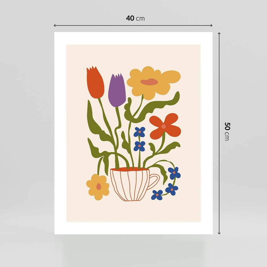 Plakat bez ramy 40x50 - Kolorowe Granice - kwiaty w filizance, abstrakcja