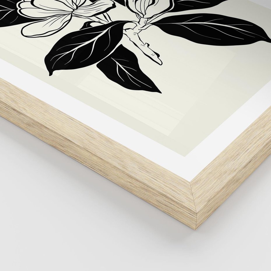 Plakat w ramie 40x50 - Spojrzenie w kształty kwiatów - kwiaty magnolii, minimalizm - rama drewno