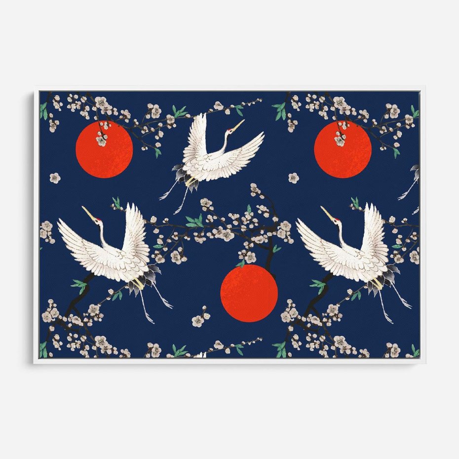 Obraz w ramie 120x80 - Japońskie Żurawie Indygo - sztuka japońska, japonia - rama biała