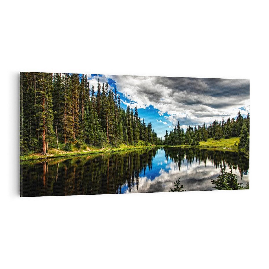Obraz na płótnie 100x50 - Spokój nad jeziorem wśród lasu - las, jezioro