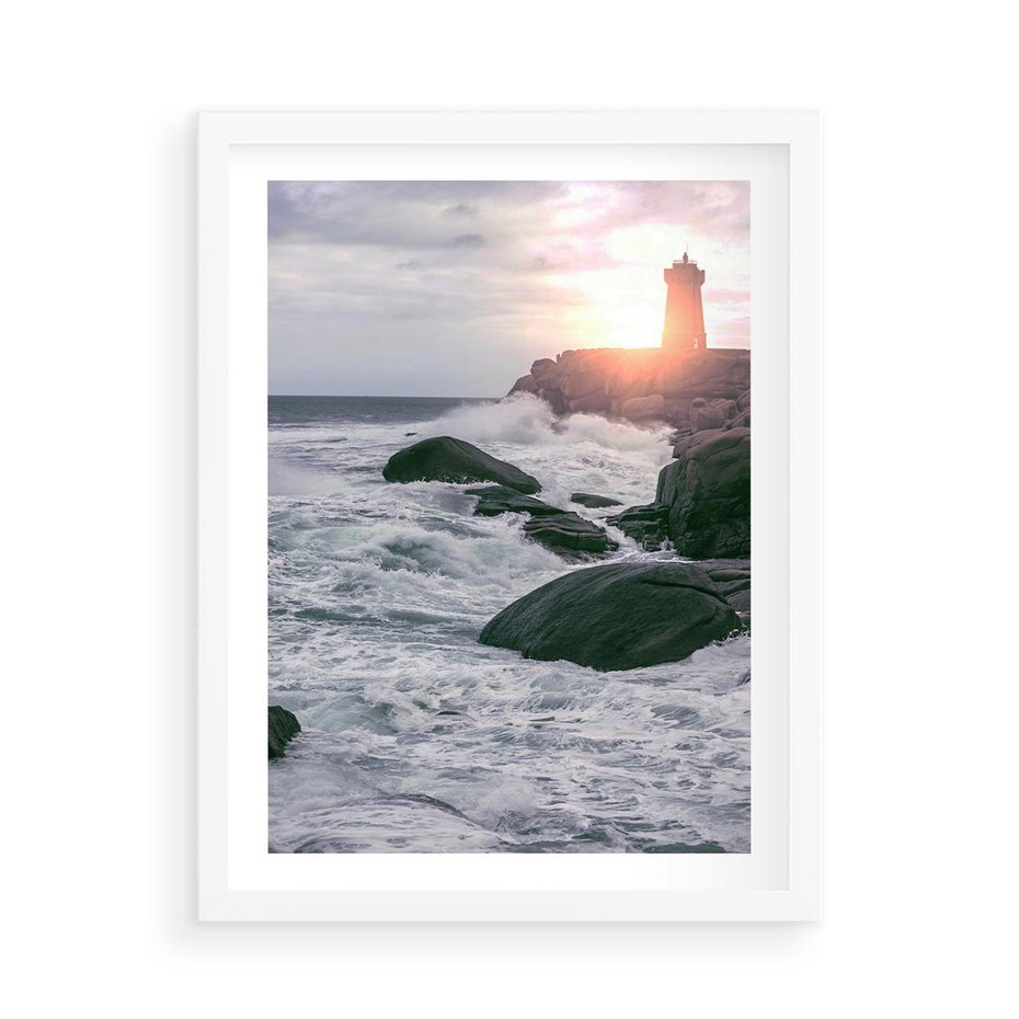 Plakat w ramie 50x70 - Latarnia, Zachód Słońca i Fale - latarnia na klifie, zachód słońca - rama biała