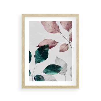 Plakat w ramie 50x70 - Pastelowe Liście w Minimalizmie - pastelowe liście, minimalistyczny obraz - rama drewno