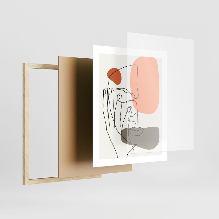 Plakat w ramie 40x50 - Ekspresja Kolorów: Szkic - one line szkic twarzy, kolorowe plamy - rama drewno