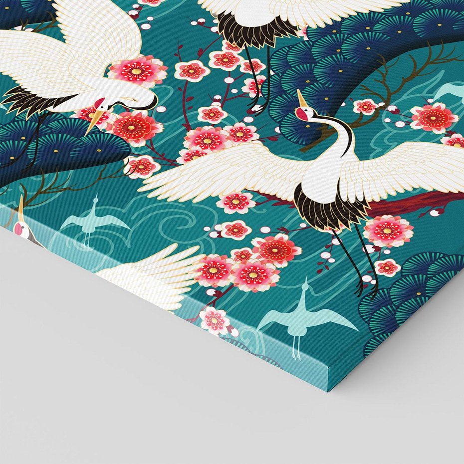 Obraz na płótnie 70x50 - Żurawie Wachlarze - orientalne japońskie żurawie, grafika