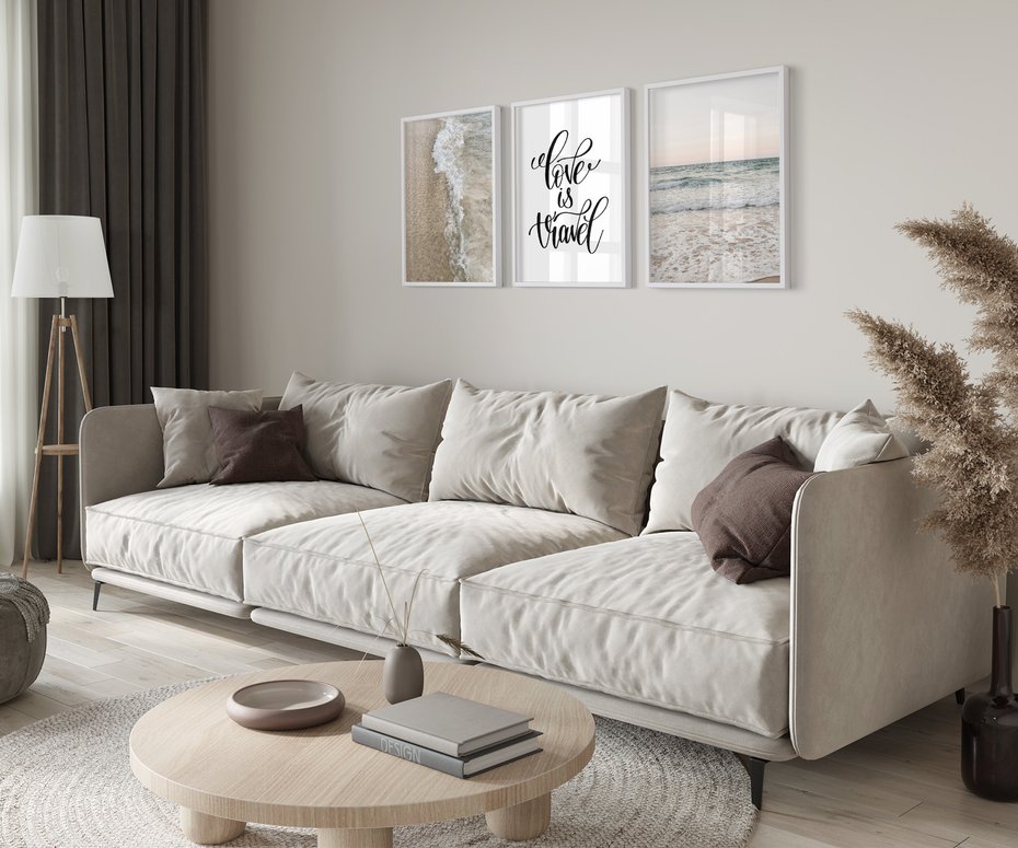 Zestaw obrazy w ramie 40x50 galeria - Plaża, morze, podróż, cytat - rama biała