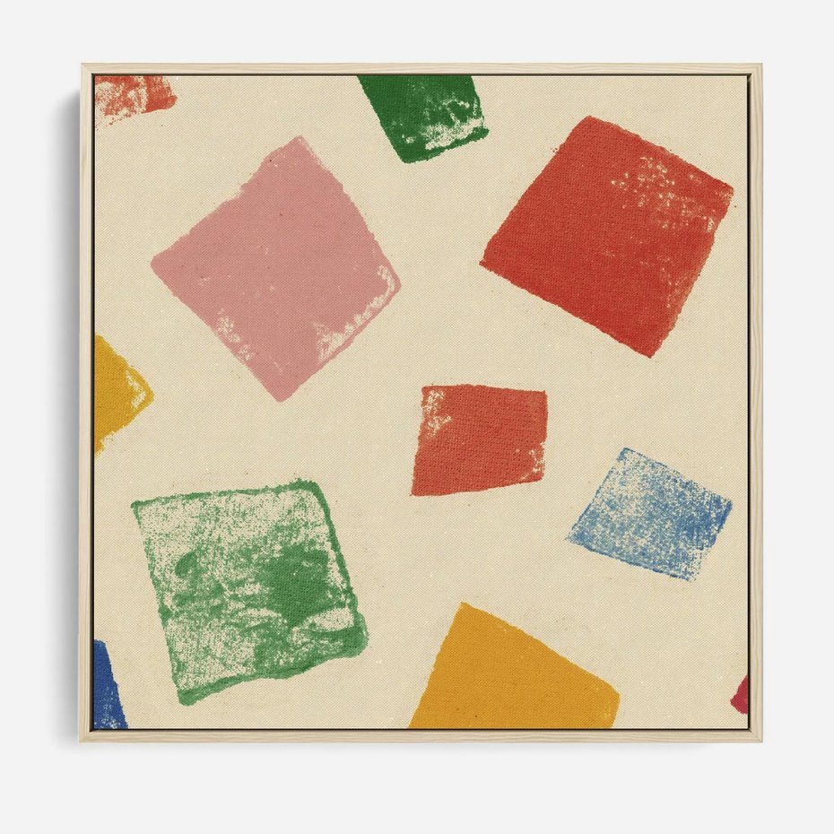 Obraz w ramie 50x50 - Tęczowe Rytmy - kolorowe tęczowe kwadraty, wesoły kolaż - rama drewno