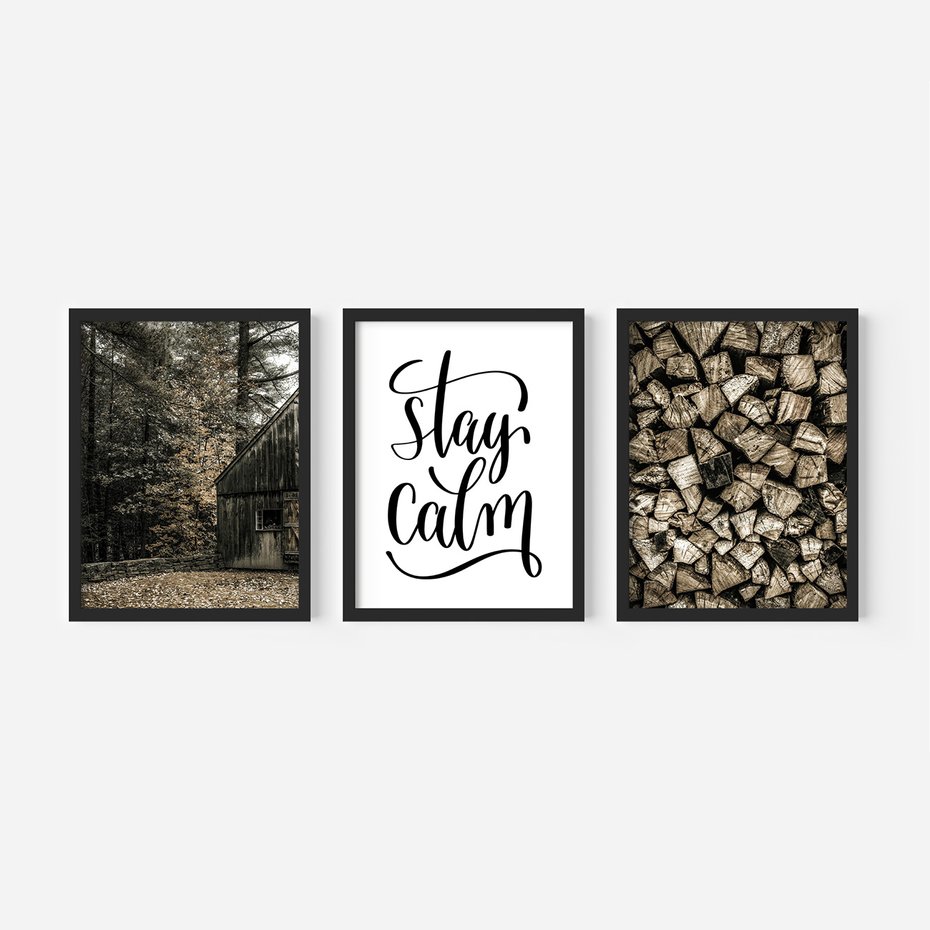 Zestaw obrazy w ramie 50x70 galeria - Spokój, cytat, typografia, rustykalny - rama czarna