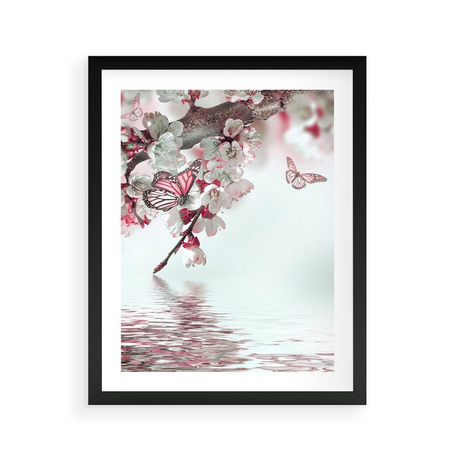 Plakat w ramie 40x50 - Kwiatowa baśń z motylami - kwiaty, motyle - rama czarna