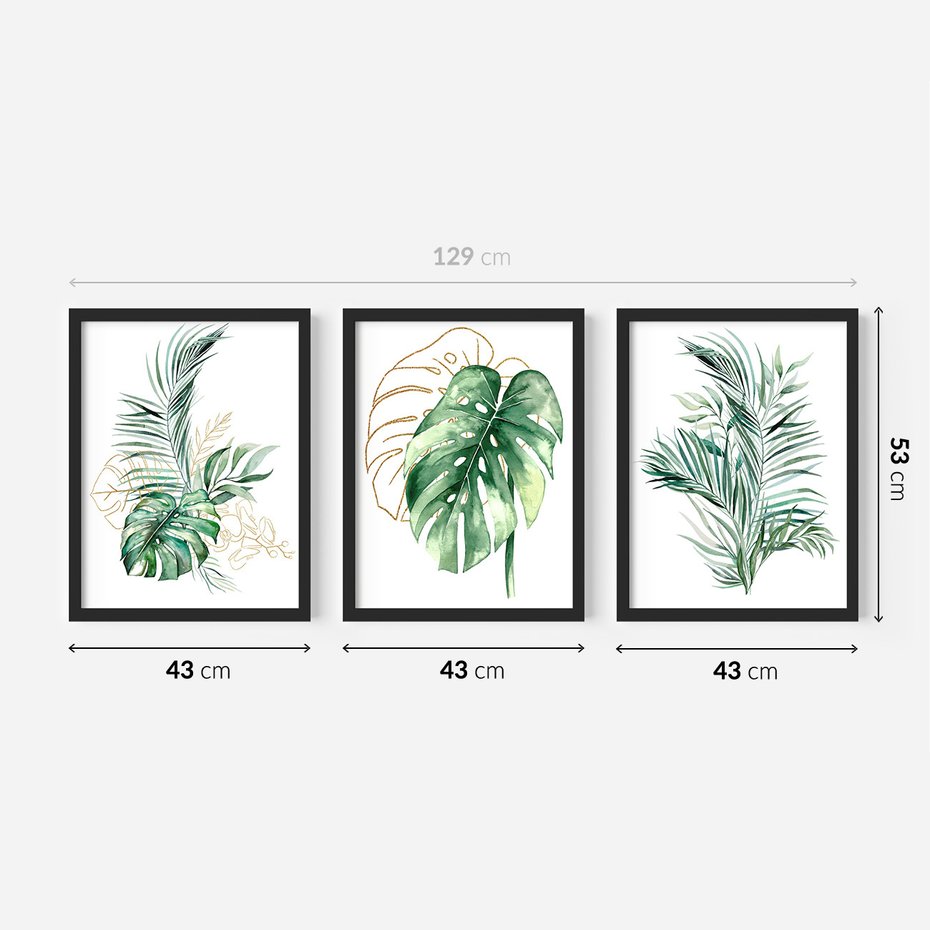 Zestaw obrazy w ramie 40x50 galeria - Liście, monstera, palma, złote, akwarela - rama czarna