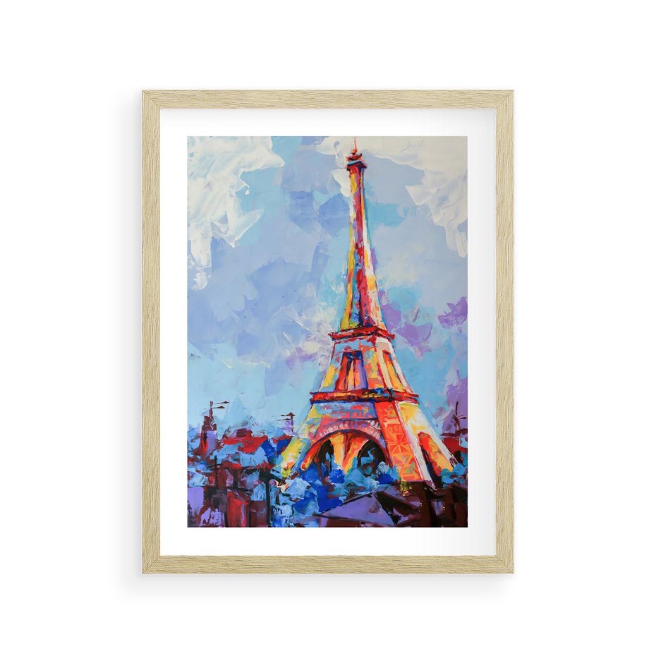 Plakat w ramie 30x40 - Paryska Wieża - olejny abstrakcyjny obraz, wieża eiffla - rama drewno