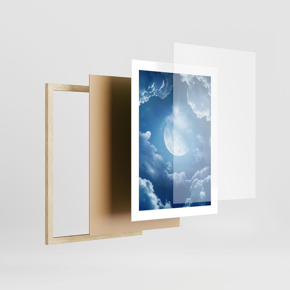 Plakat w ramie 30x40 - Księżycowe Chmury - księżyc, chmury - rama drewno