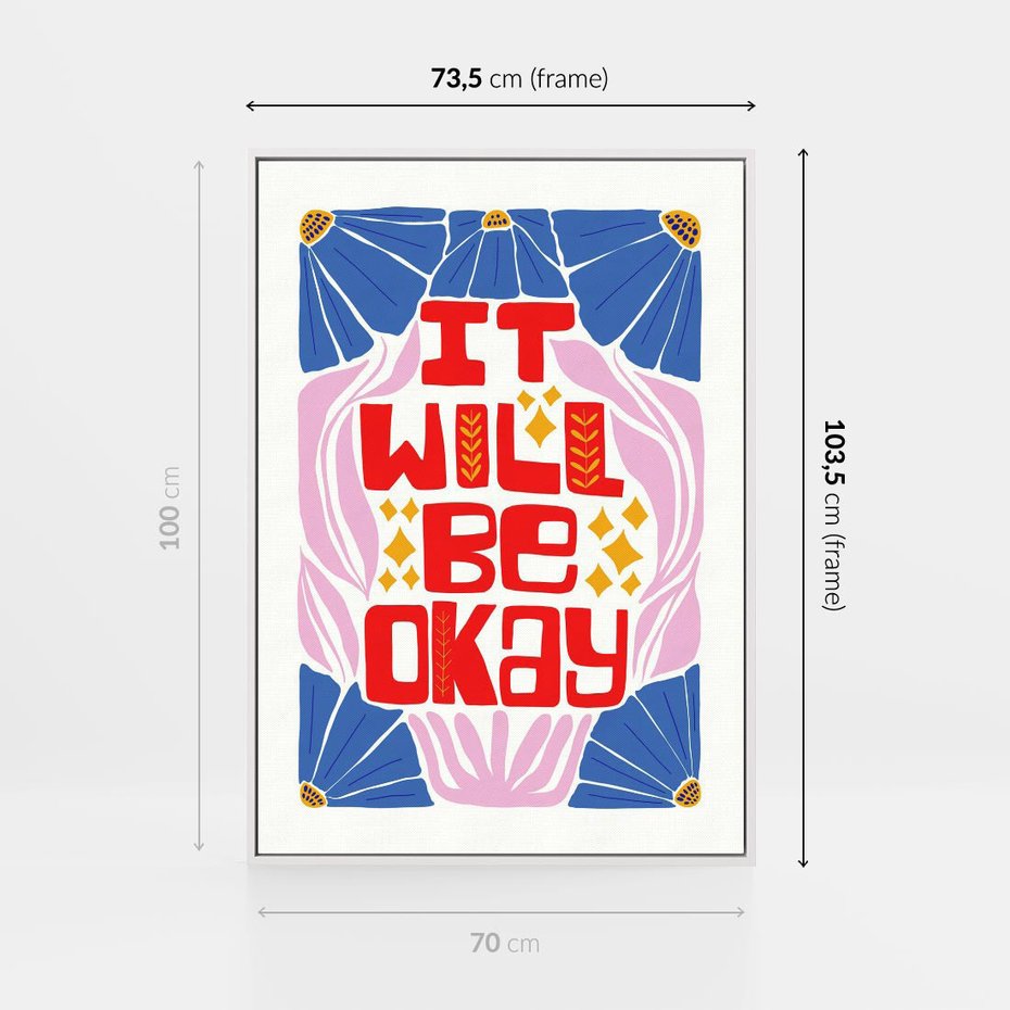 Obraz w ramie 70x100 - Kwiatowa Ekstaza - czerwona pozytywna typografia, kwiatowa kompozycja - rama biała