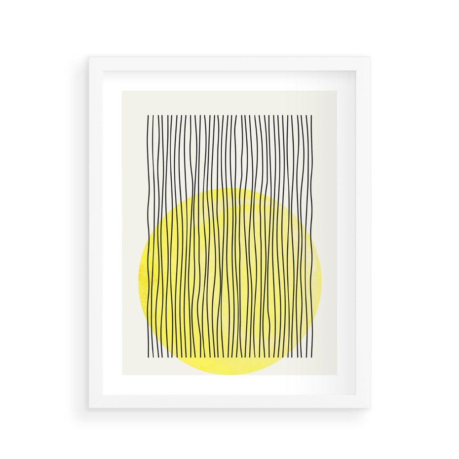 Plakat w ramie 40x50 - Ciepłe Przenikanie - geometria, żółte koło - rama biała