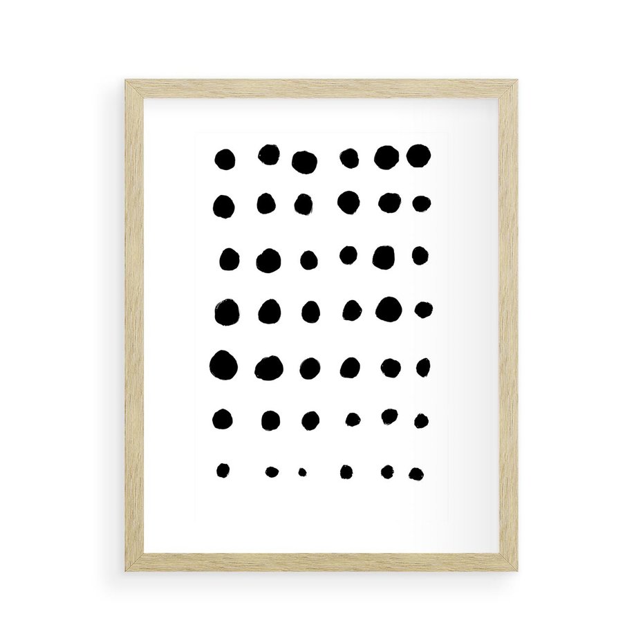 Plakat w ramie 40x50 - Refleksje Światła - minimalistyczna kompozycja, czarne kropkina białym tle - rama drewno