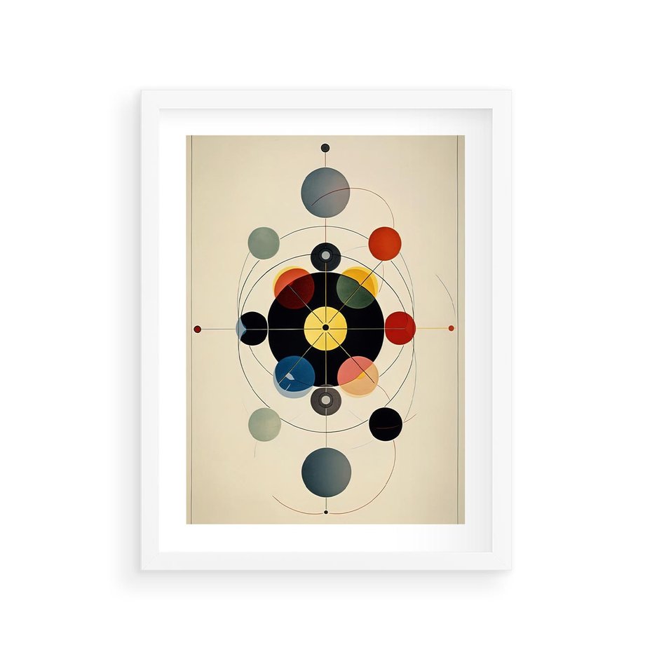 Plakat w ramie 30x40 - Bezgraniczny Taniec Światła - abstrakcyjna geometryczna kompozycja, koła linie - rama biała