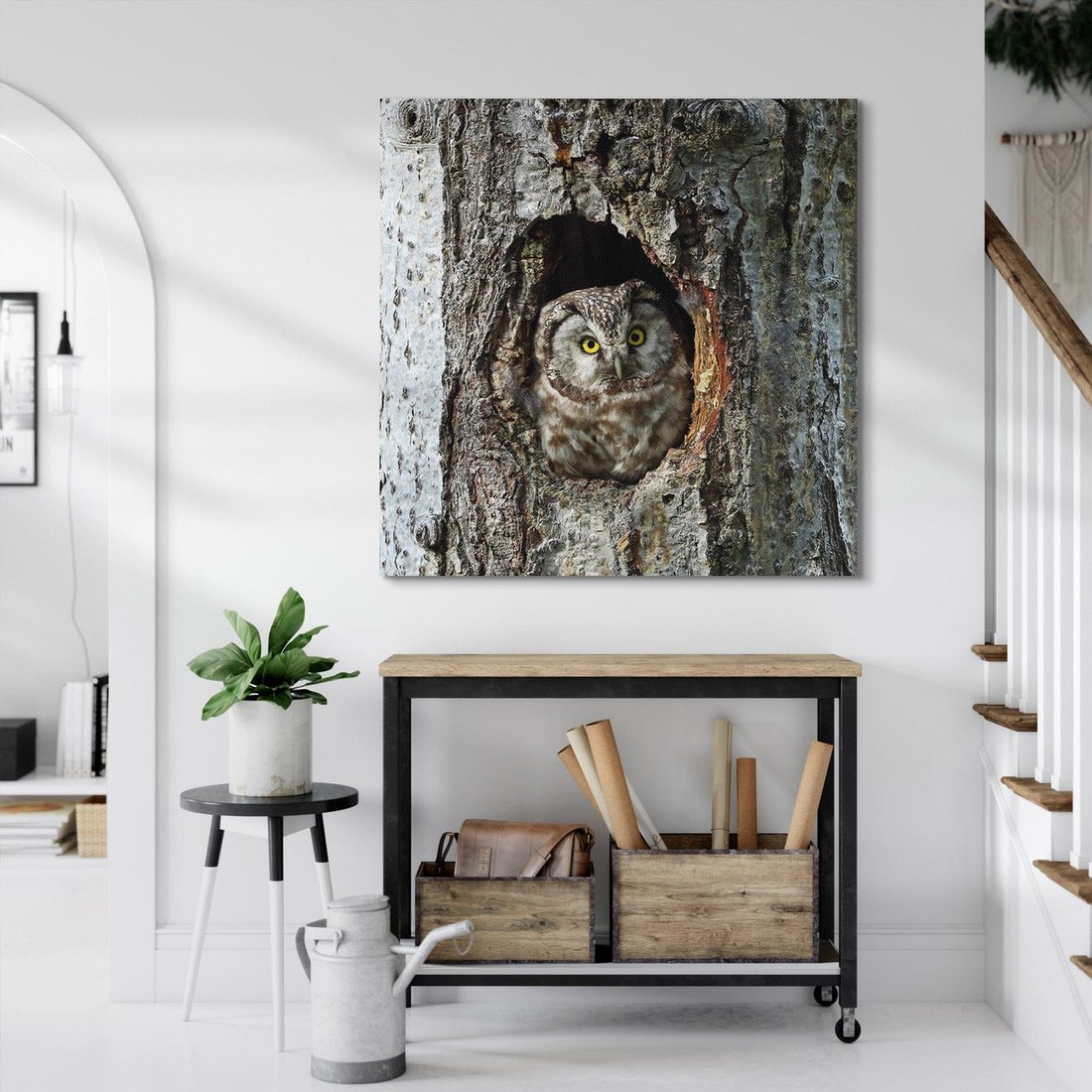 Obraz na płótnie 40x40 - Tajemniczy W świecie Nocy - sowa, dziupla