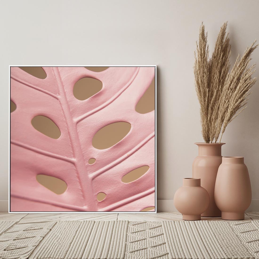 Obraz w ramie 50x50 - Różowa monstera w pełnym rozkwicie - różowa, monstera - rama biała