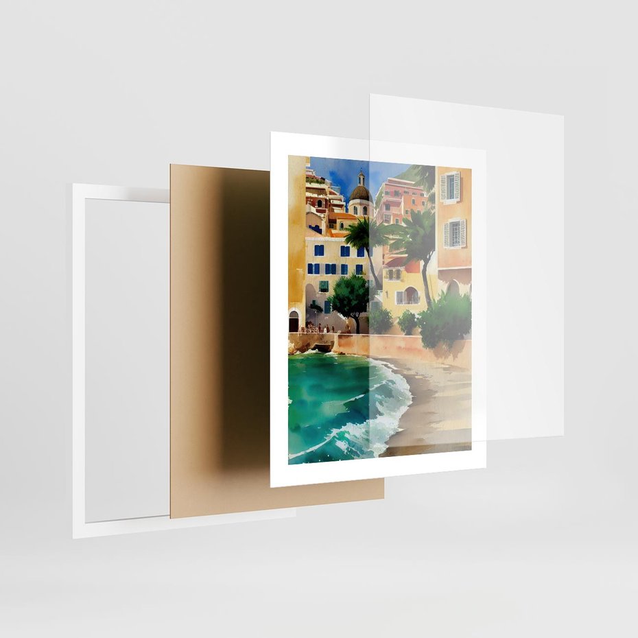 Plakat w ramie 40x50 - Zamieszkajmy Tu - akwarela, śródziemnomorski klimat - rama biała