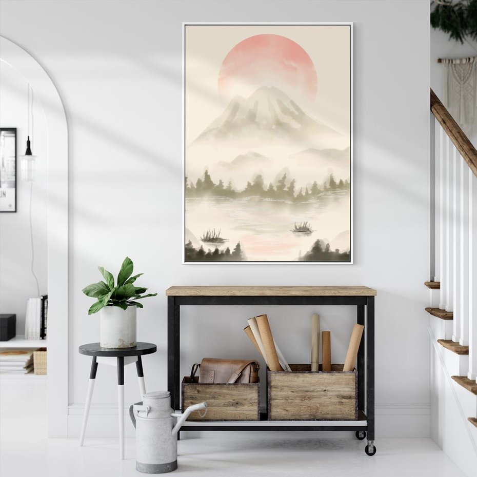 Obraz w ramie 70x100 - Przyroda Japonii - japońska akwarela, góry - rama biała