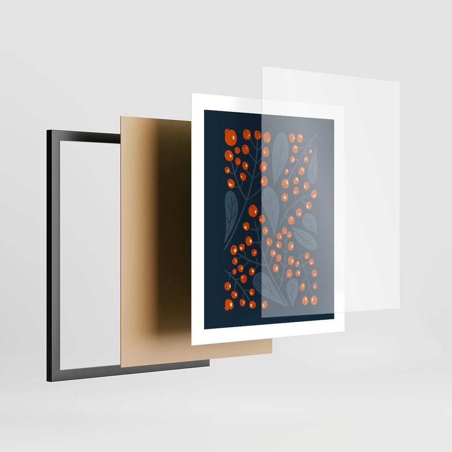 Plakat w ramie 40x50 - Symfonia liści i owoców - granatowe tło, pomarańczowe owoce jarzębiny - rama czarna