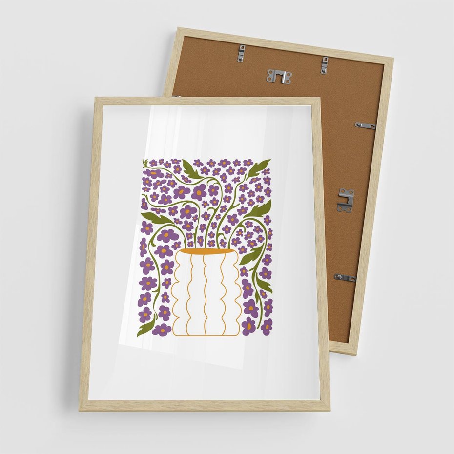 Plakat w ramie 50x70 - Witalność Kwiatów - kwiaty w wazonie, minimalistyczna kompozycja - rama drewno