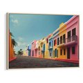 Obraz w ramie 100x70 - Ekspresja marzeń i tęsknot - pastelowe kolorowe budynki, wzdłuż ulicy - rama drewno